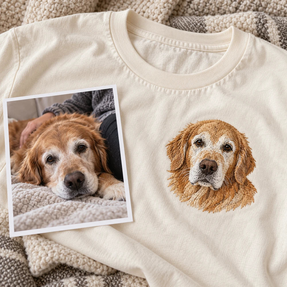 Custom Senior Pet Portrait Embroidered T-Shirt with Back Print - Pet Memorial Gift source photo and front embroidery product image with custom left chest embroidery based on senior pet resting beside its person photo