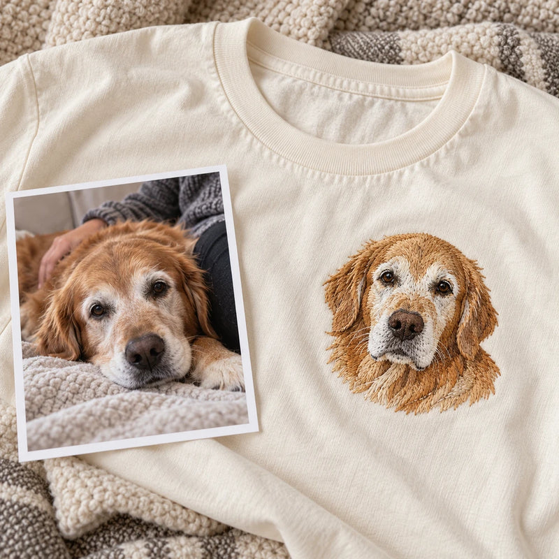 Custom Senior Pet Portrait Embroidered T-Shirt with Back Print - Pet Memorial Gift source photo and front embroidery product image with custom left chest embroidery based on senior pet resting beside its person photo