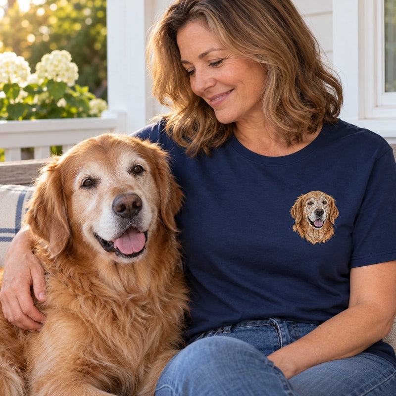 Custom Senior Pet Portrait Embroidered T-Shirt with Back Print - Pet Memorial Gift front worn product image with left chest embroidery with custom left chest embroidery based on senior pet resting beside its person photo