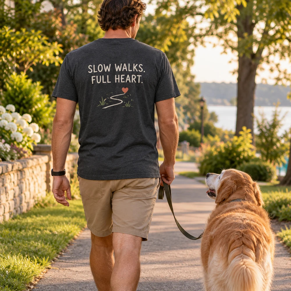 Custom Senior Pet Portrait Embroidered T-Shirt with Back Print - Pet Memorial Gift back worn product image with custom printed phrase with custom left chest embroidery based on senior pet resting beside its person photo