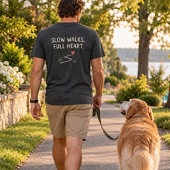 Custom Senior Pet Portrait Embroidered T-Shirt with Back Print - Pet Memorial Gift back worn product image with custom printed phrase with custom left chest embroidery based on senior pet resting beside its person photo