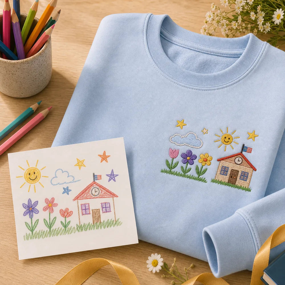 Custom kids drawing embroidered T-shirt or sweatshirt for teacher appreciation gift