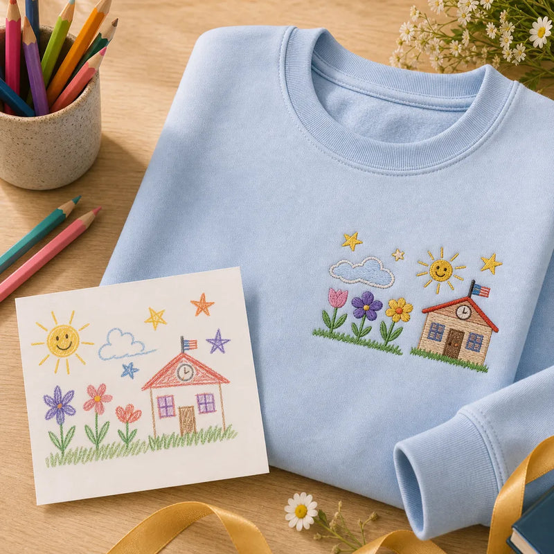 Custom kids drawing embroidered T-shirt or sweatshirt for teacher appreciation gift