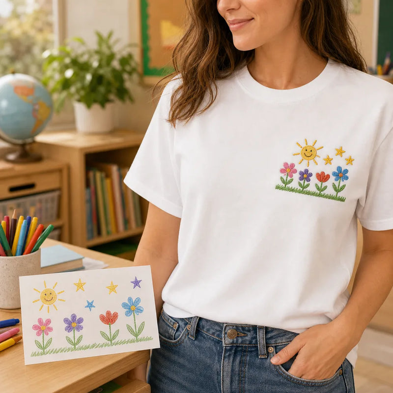 Custom kids drawing embroidered T-shirt or sweatshirt for teacher appreciation gift