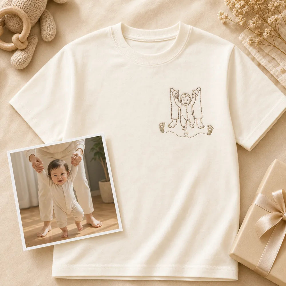 Custom baby first steps embroidered T-shirt with left chest milestone photo outline embroidery