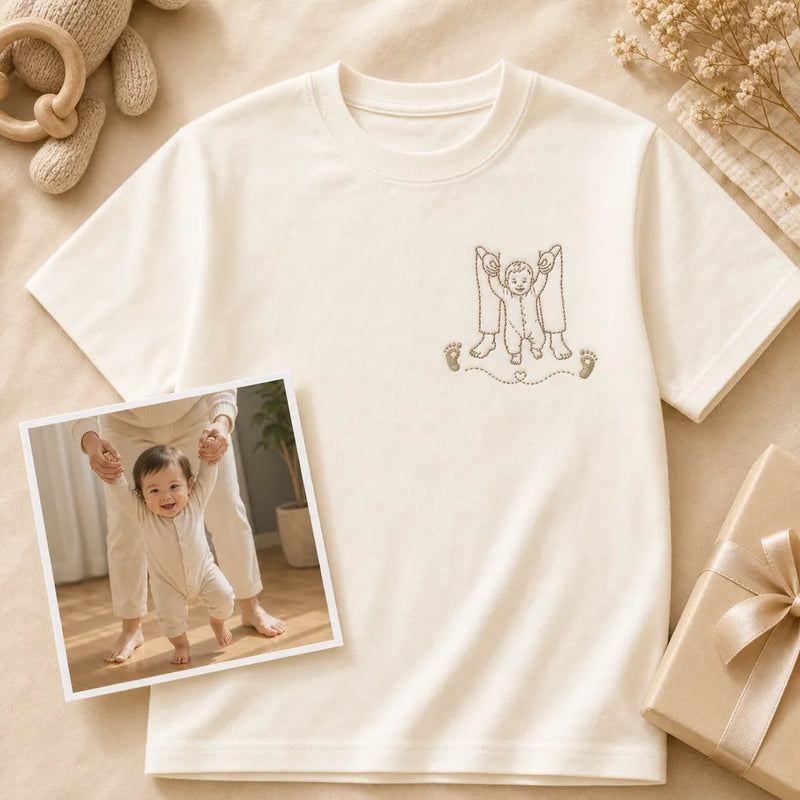 Custom baby first steps embroidered T-shirt with left chest milestone photo outline embroidery