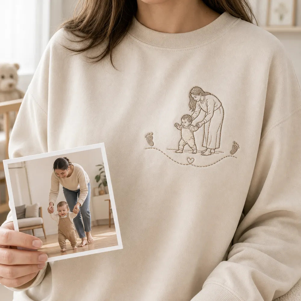Custom Baby First Steps Photo Outline Embroidered T-Shirt - Personalized Baby Milestone Gift embroidery lifestyle reference