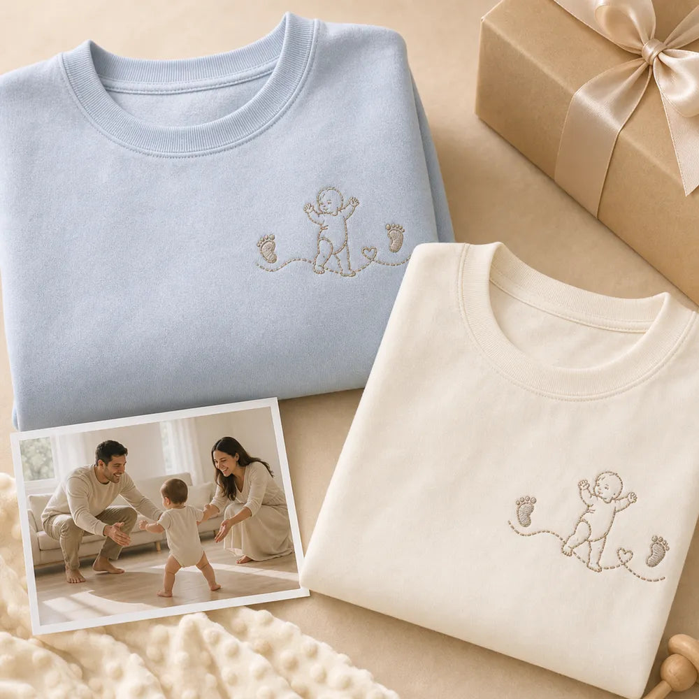 Custom Baby First Steps Photo Outline Embroidered T-Shirt - Personalized Baby Milestone Gift personalized gift idea