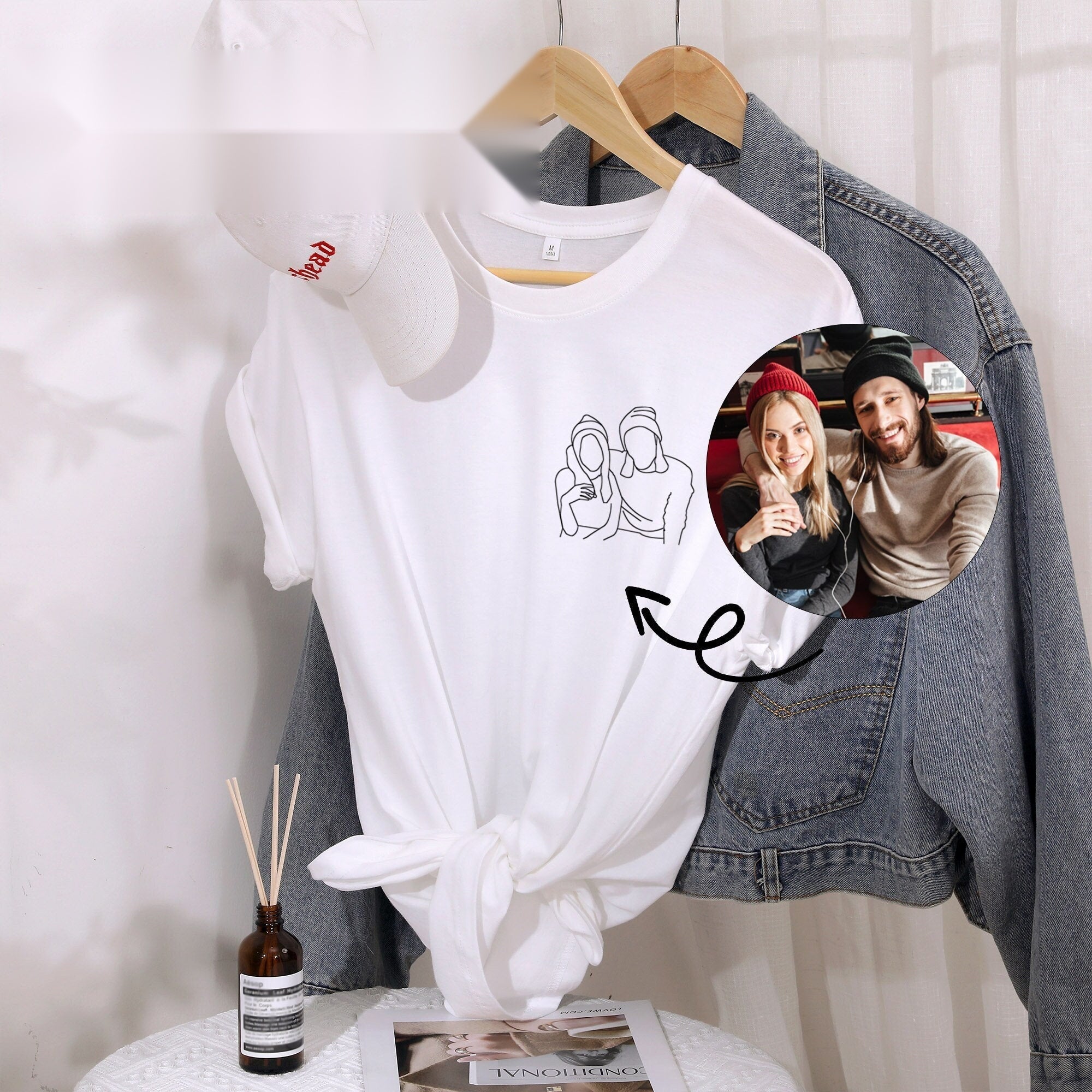 Custom Couple Portrait Outline Embroidered T-Shirt – Personalized Photo Sweatshirt for Valentine’s Day