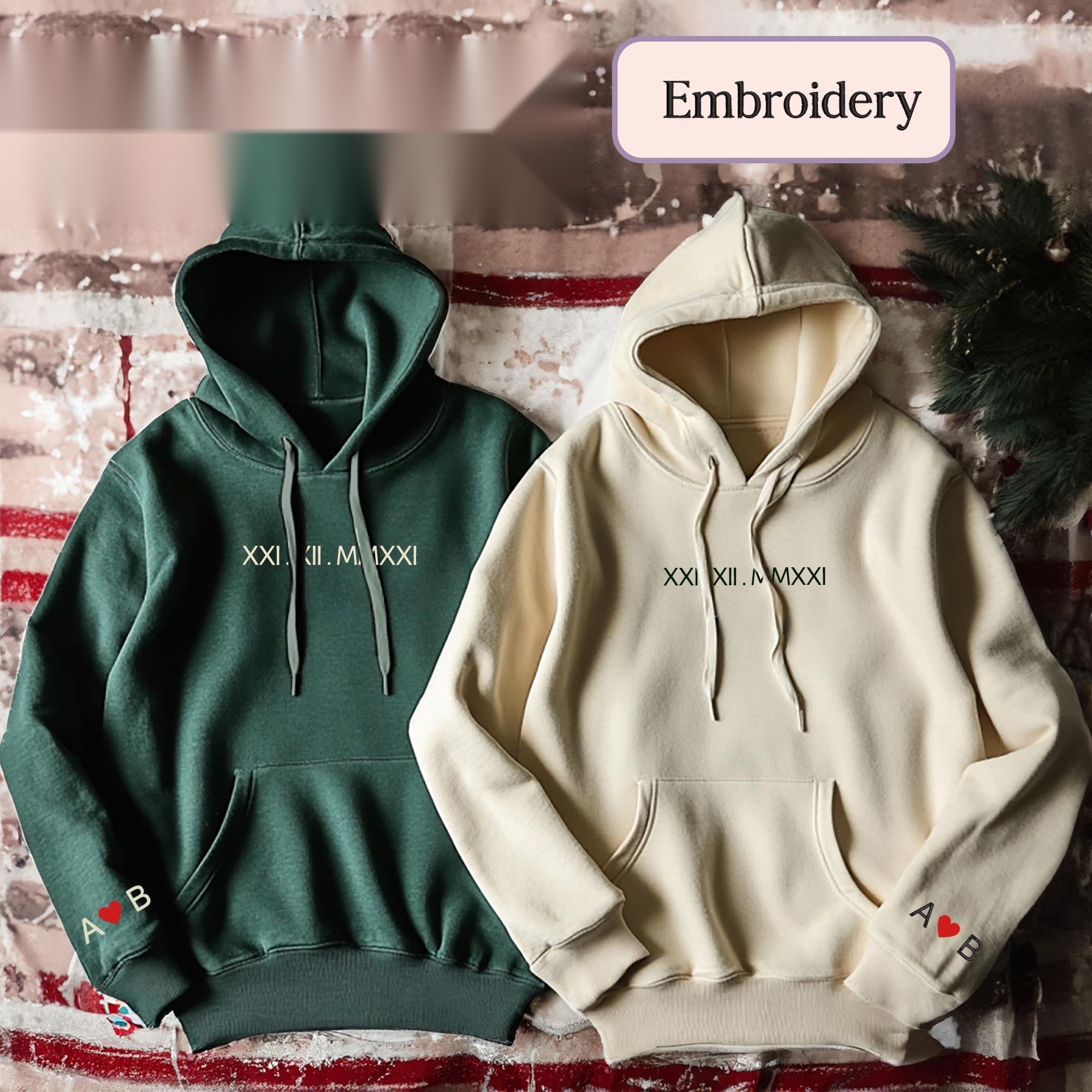 Custom Roman Numerals Embroidered Sweatshirt – Couple Matching Hoodie for Anniversary Gift-2
