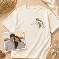 Custom long distance couple coordinates embroidered T-shirt with left chest handwriting and date embroidery
