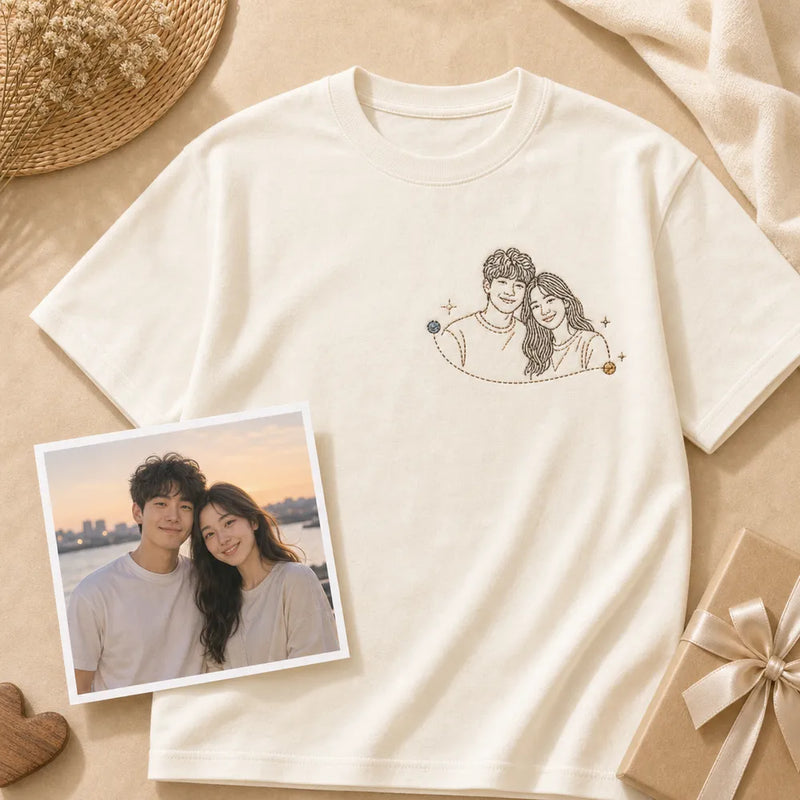 Custom long distance couple coordinates embroidered T-shirt with left chest handwriting and date embroidery
