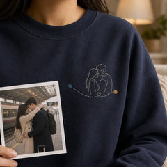 Custom Long Distance Couple Coordinates Embroidered T-Shirt - Personalized Anniversary Gift embroidery lifestyle reference