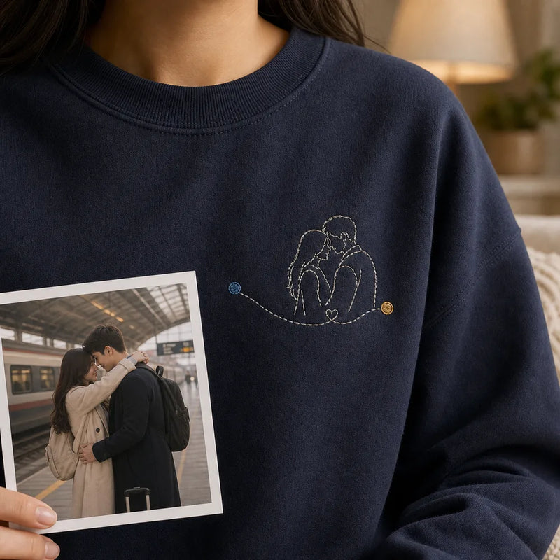 Custom Long Distance Couple Coordinates Embroidered T-Shirt - Personalized Anniversary Gift embroidery lifestyle reference