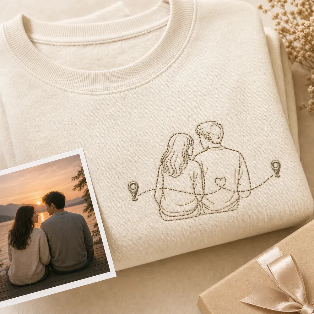 Custom Long Distance Couple Coordinates Embroidered T-Shirt - Personalized Anniversary Gift personalized gift idea