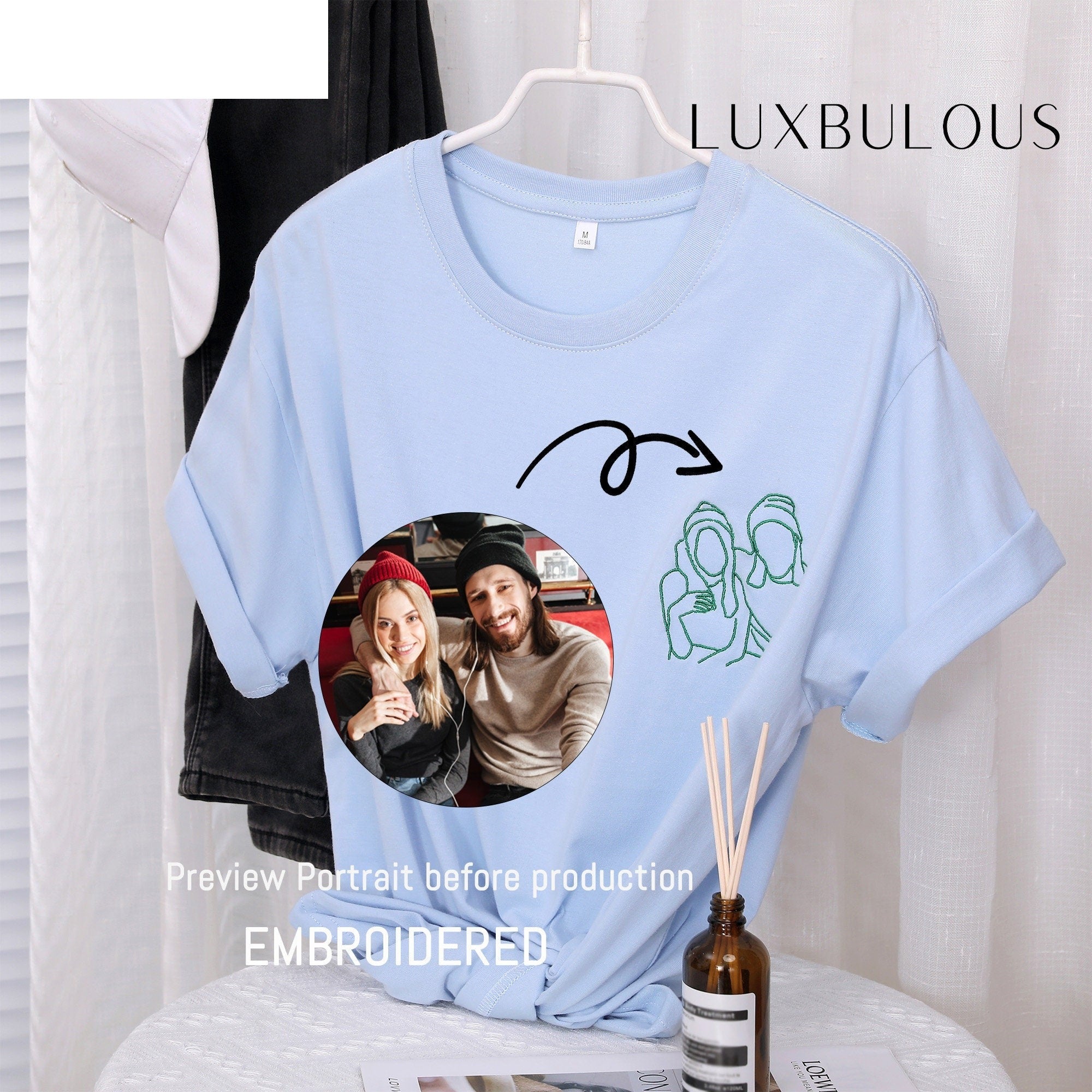 Custom Couple Portrait Embroidered Hoodie – Personalized Anniversary Gift for Him and Her