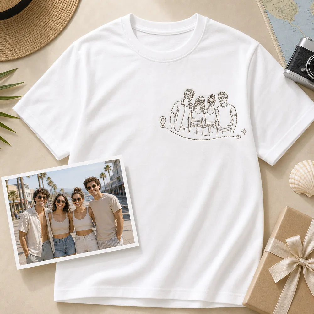Custom friend group weekend trip embroidered T-shirt with left chest group photo outline embroidery