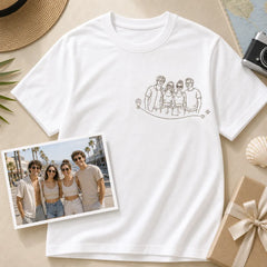 Custom friend group weekend trip embroidered T-shirt with left chest group photo outline embroidery