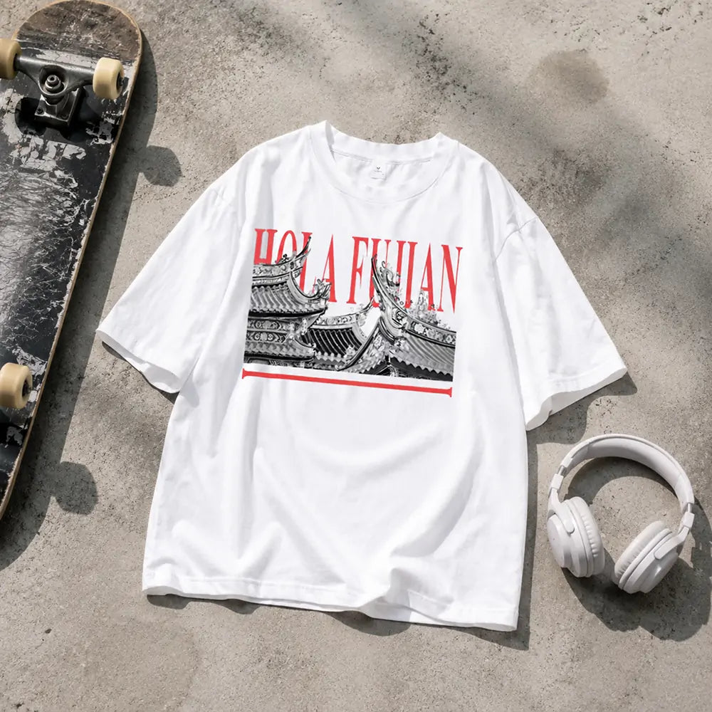 HOLA FUJIAN black and white printed T-shirt front design view