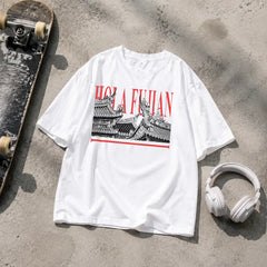 HOLA FUJIAN black and white printed T-shirt front design view