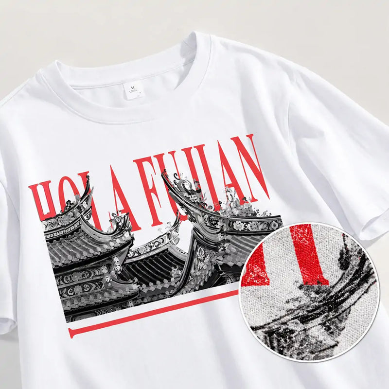 HOLA FUJIAN black and white printed T-shirt print detail