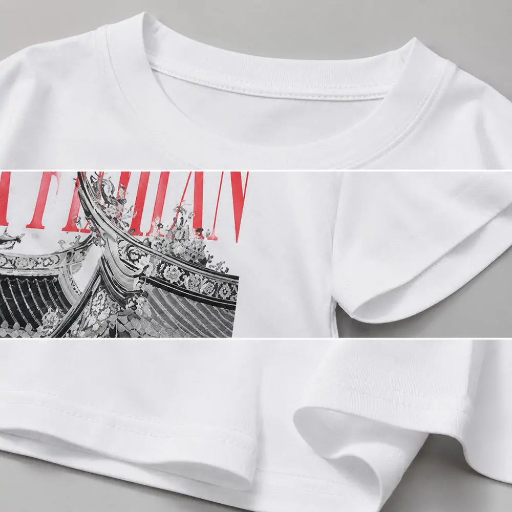 HOLA FUJIAN black and white printed T-shirt print detail