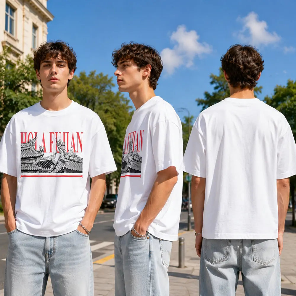 HOLA FUJIAN black and white printed T-shirt lifestyle view