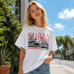 HOLA FUJIAN black and white printed T-shirt lifestyle view