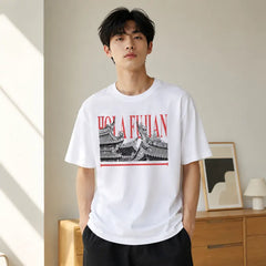 HOLA FUJIAN black and white printed T-shirt lifestyle view