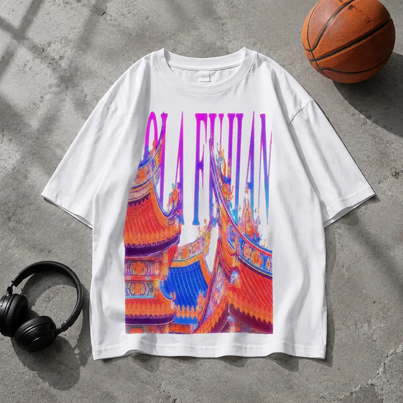 HOLA FUJIAN colorful printed T-shirt front design view