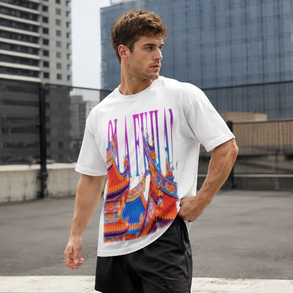 HOLA FUJIAN colorful printed T-shirt lifestyle view