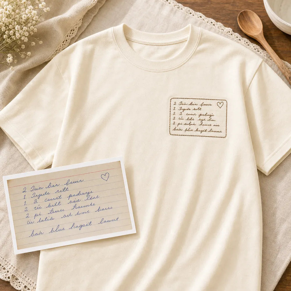 Custom grandma recipe handwriting embroidered T-shirt with left chest recipe card embroidery