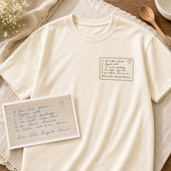 Custom grandma recipe handwriting embroidered T-shirt with left chest recipe card embroidery