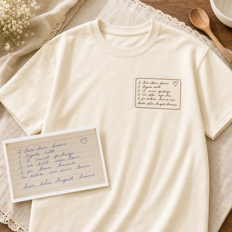 Custom grandma recipe handwriting embroidered T-shirt with left chest recipe card embroidery