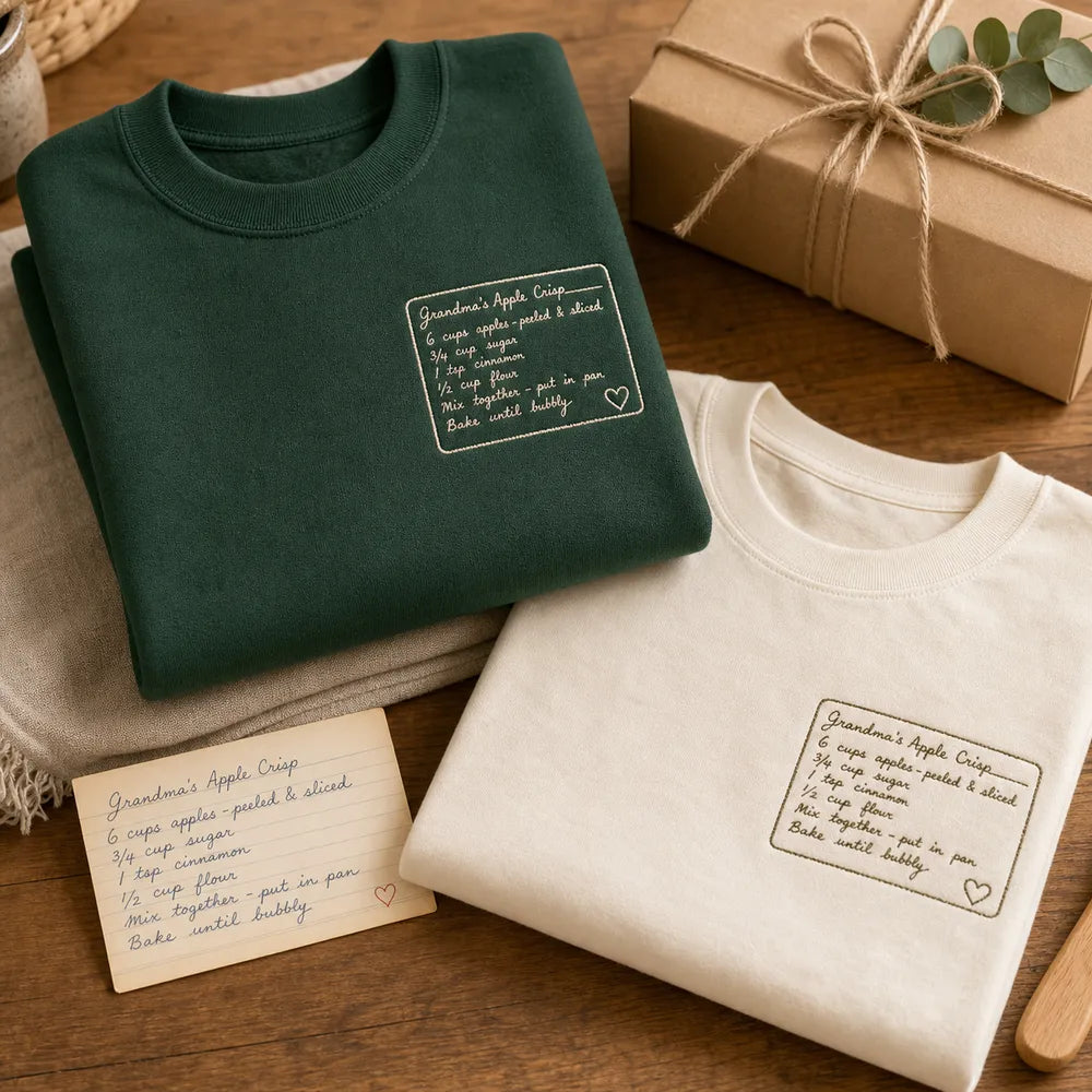 Custom Grandma Recipe Handwriting Embroidered T-Shirt - Personalized Recipe Keepsake Gift personalized gift idea