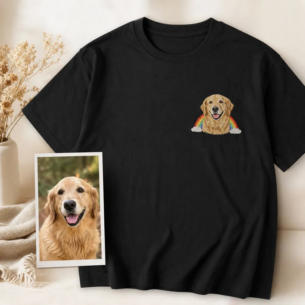 Custom Rainbow Bridge pet memorial embroidered T-shirt with left chest pet portrait embroidery