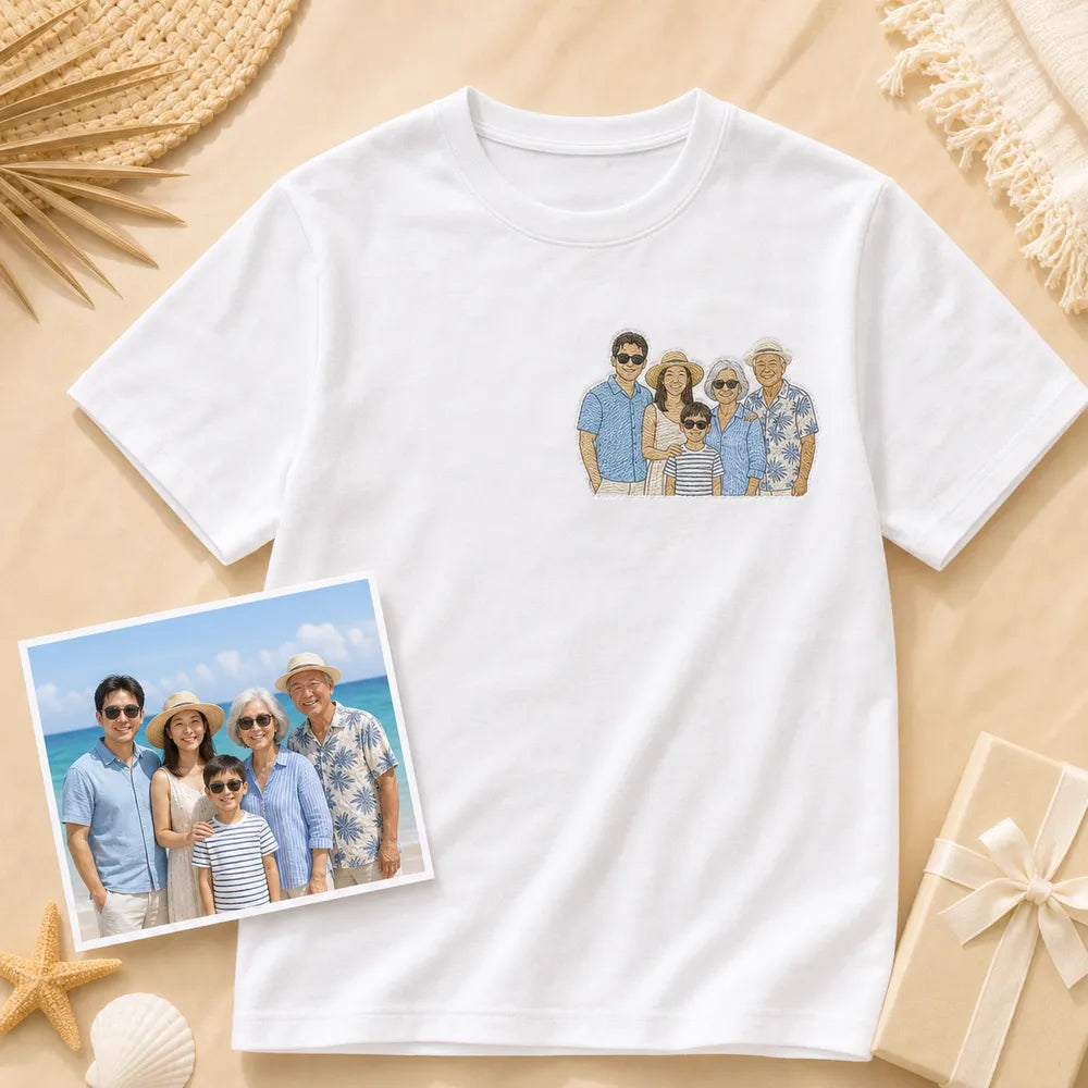 Custom family beach vacation embroidered T-shirt with left chest photo outline embroidery