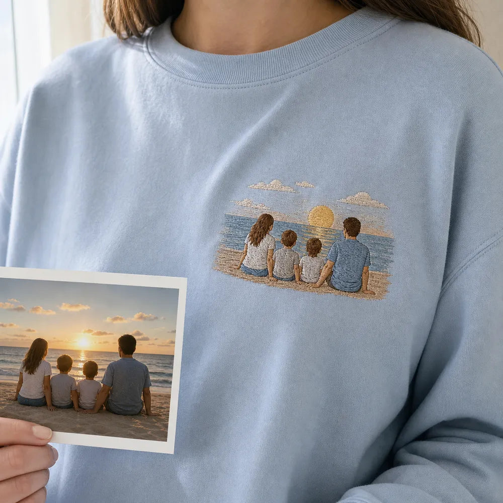 Custom Family Beach Vacation Photo Outline Embroidered T-Shirt - Personalized Summer Family Gift embroidery lifestyle reference
