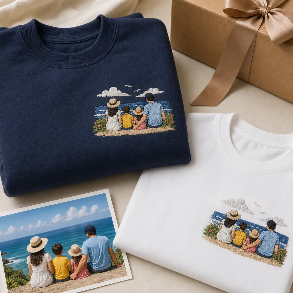 Custom Family Beach Vacation Photo Outline Embroidered T-Shirt - Personalized Summer Family Gift personalized gift idea