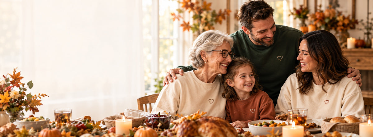 A multigenerational family celebrating Thanksgiving in embroidered sweatshirts